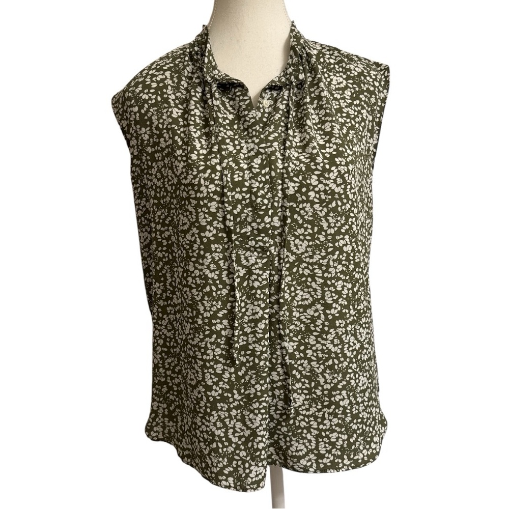 LOFT Outlet Olive Floral Slim Tie Neck Sleeveless Blouse XS - Picture 2 of 8